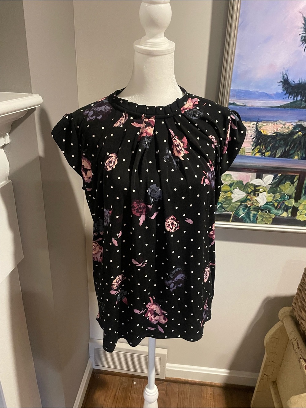 Elle Black Cap Sleeve Blouse with Pink & Purple Floral Print